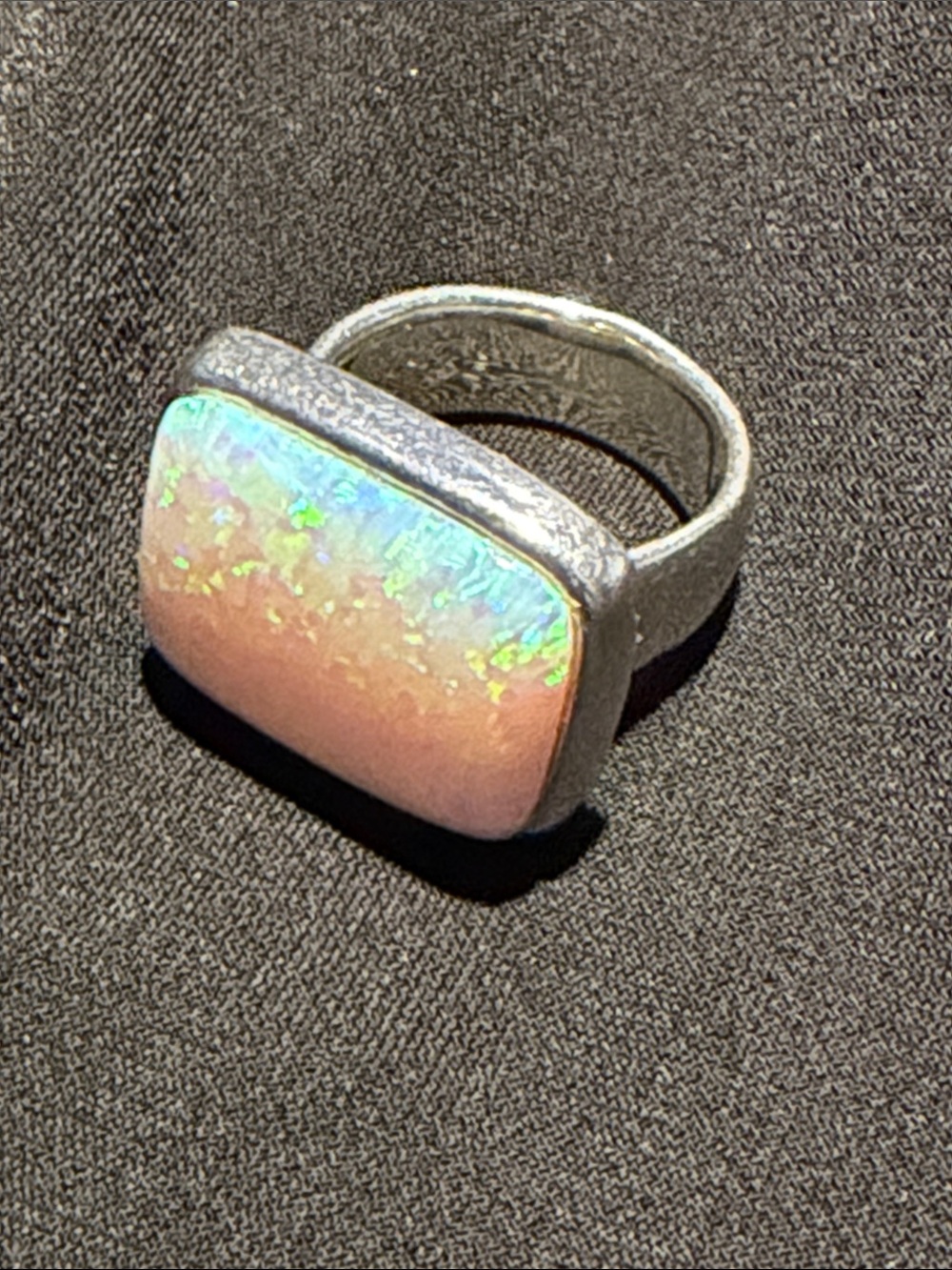 Sterling Silver rainbow fire Opal Rectangular Statement Ring - Peach Iridescent